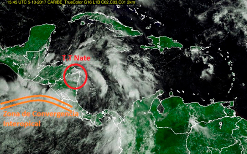 Imagen satelital de la tormenta tropical Nate sobre el Caribe y Centroamérica
