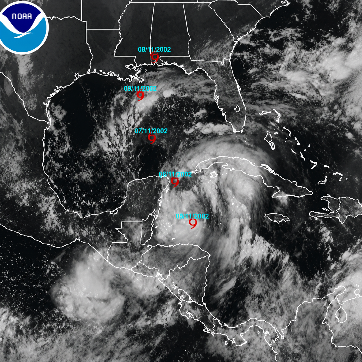 Imagen satelital infrarroja de la NOAA de un ciclón tropical sobre el golfo de México