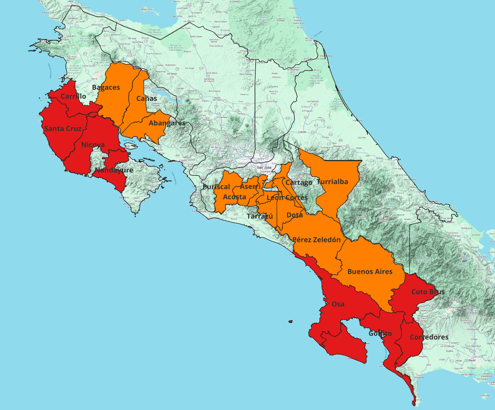 Mapa de cantones de Costa Rica afectados por la tormenta Nate, en alerta roja y naranja