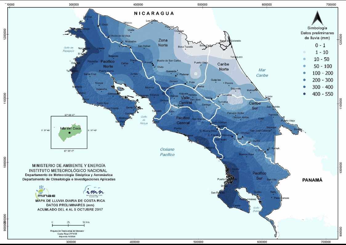 Mapa de lluvia acumulada en Costa Rica del 4 al 5 de octubre de 2017