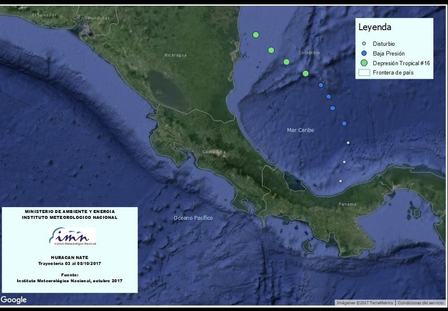 Mapa del IMN con la trayectoria del Huracán Nate del 3 al 8 de octubre de 2017, en su etapa de disturbio, baja presión y Depresión Tropical N.º 16