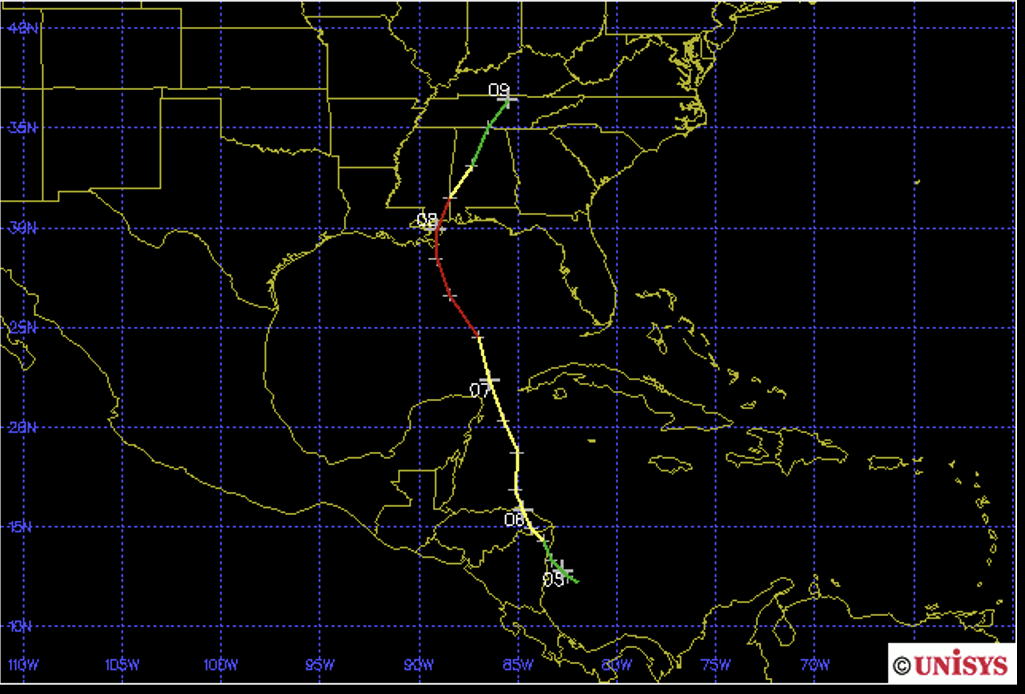 Mapa del NHC/Unisys con la trayectoria completa del Huracán Nate del 4 al 9 de octubre de 2017, coloreada según su intensidad